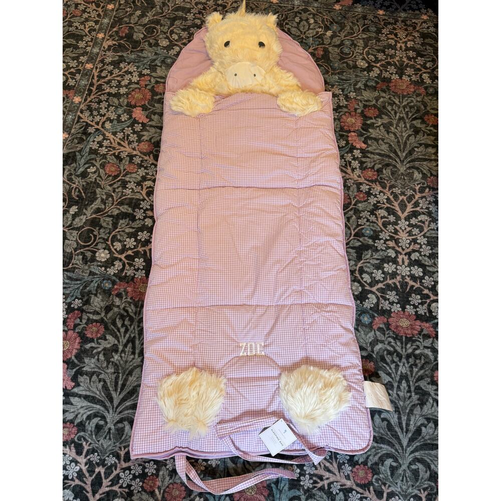 Pottery Barn Shaggy Unicorn Purple Gingham Sleeping Bag “ZOE” Monogram NWT - Picture 2 of 9